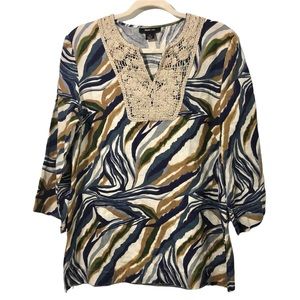 100% Linen STYLE&CO. Caftan 3/4 Sleeve Fall Colors Abstract Print Sz 12